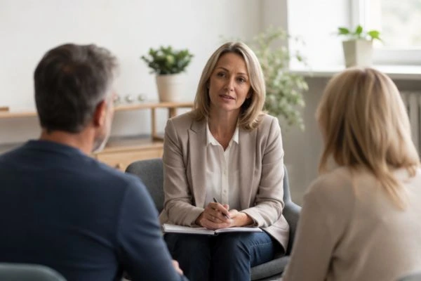 Couple discussing financial arrangement , pensions in divorce Basildon